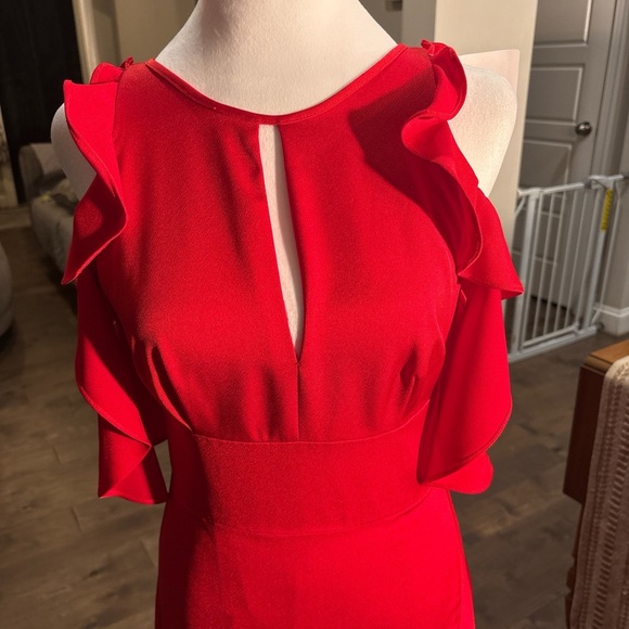 Monique Lhuillier Red Ruffled Asymmetrical Cocktail Dress - Picture 2 of 6